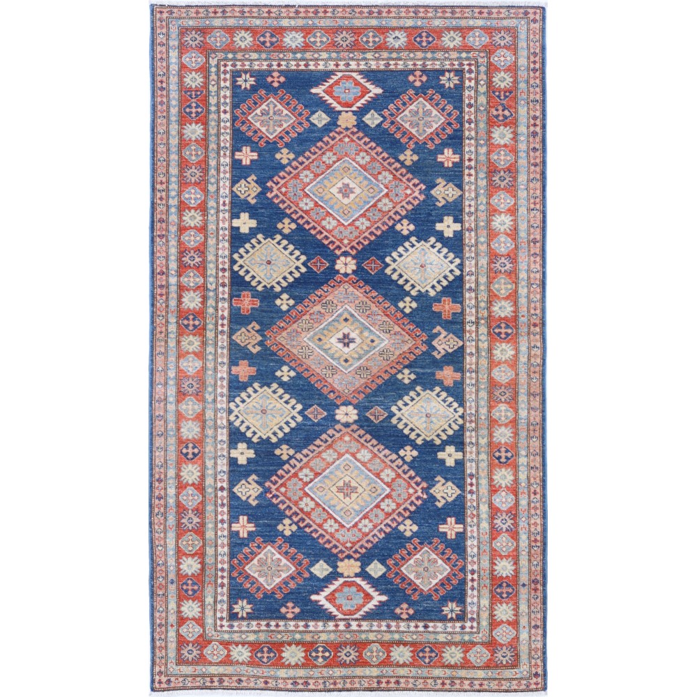Hand Knotted Navy Blue, Red, Ivory Wool Area Rug | Turkish Geometric Design Rug