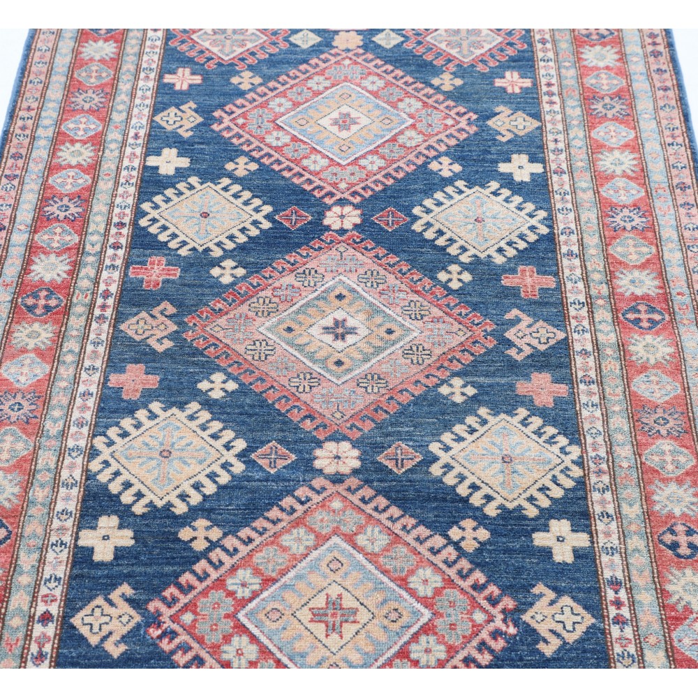 Hand Knotted Navy Blue, Red, Ivory Wool Area Rug | Turkish Geometric Design Rug