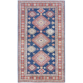 Hand Knotted Navy Blue, Red, Ivory Wool Area Rug | Turkish Geometric Design Rug