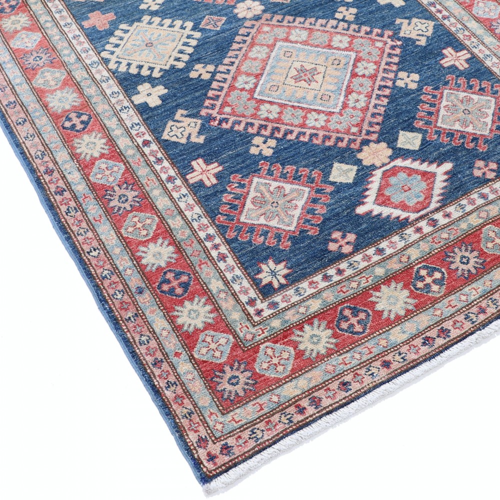 Hand Knotted Navy Blue, Red, Ivory Wool Area Rug | Turkish Geometric Design Rug
