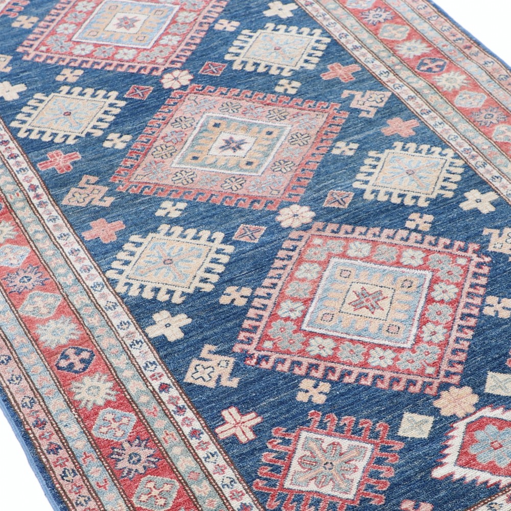 Hand Knotted Navy Blue, Red, Ivory Wool Area Rug | Turkish Geometric Design Rug