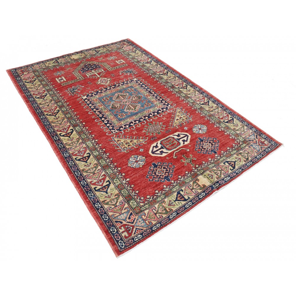 Hand Knotted Red, Navy Blue, Ivory Wool Rug | Geometric Tribal Pattern Carpet Hand Knotted Red, Navy Blue, Ivory Wool Rug | Geometric Tribal Pattern Carpet