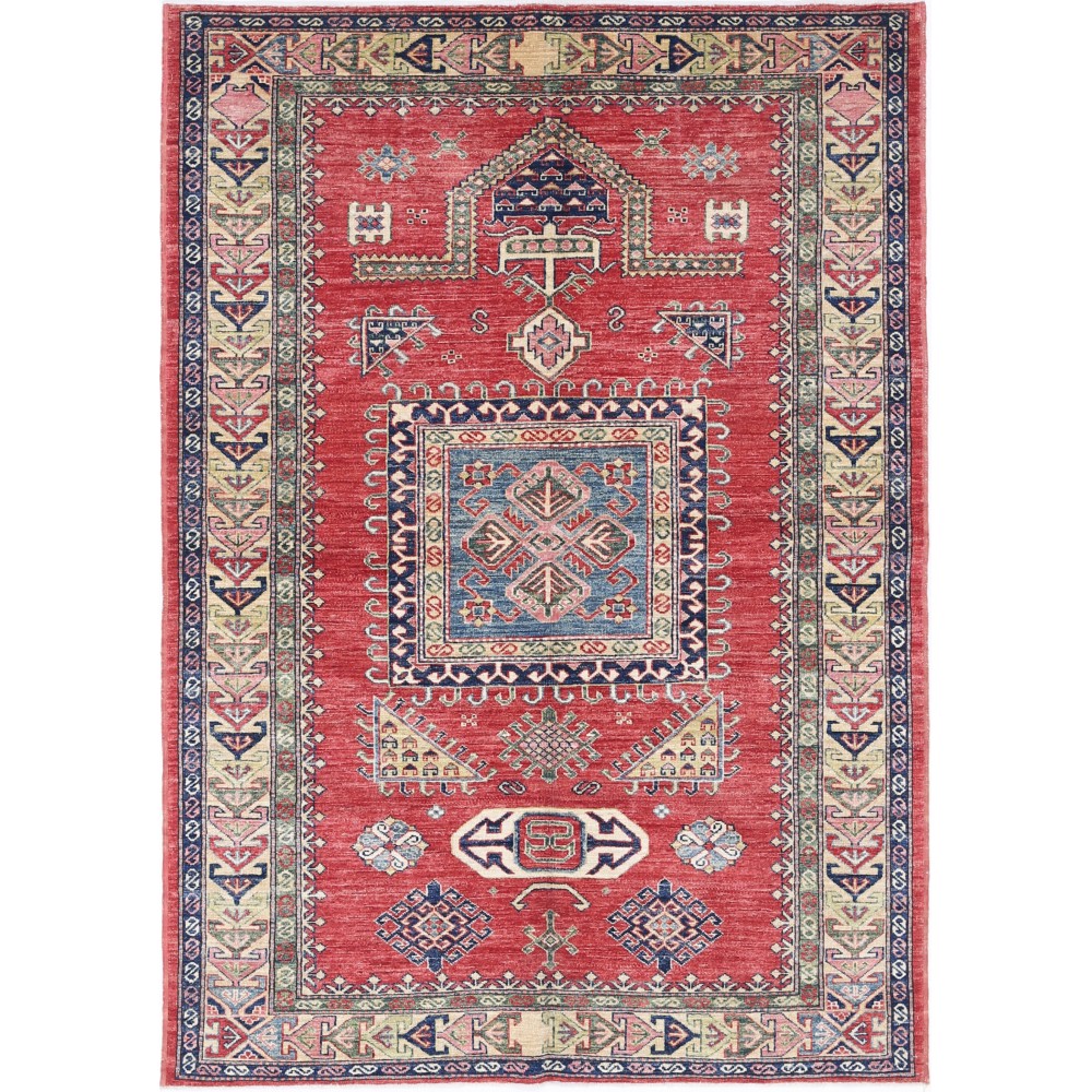 Hand Knotted Red, Navy Blue, Ivory Wool Rug | Geometric Tribal Pattern Carpet Hand Knotted Red, Navy Blue, Ivory Wool Rug | Geometric Tribal Pattern Carpet