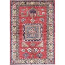 Hand Knotted Red, Navy Blue, Ivory Wool Rug | Geometric Tribal Pattern Carpet
