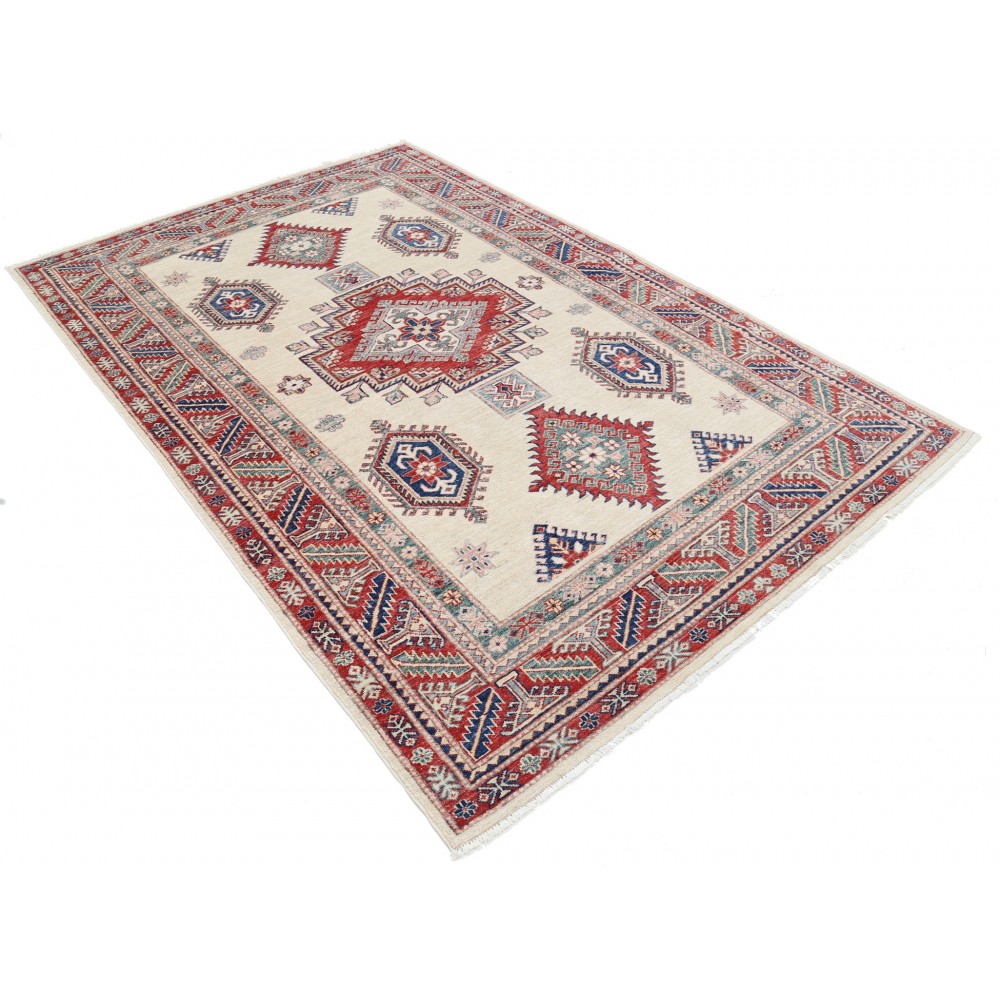 Hand Knotted Red, Ivory, Navy Blue Wool Area Rug | Turkish Geometric Design Rug Hand Knotted Red, Ivory, Navy Blue Wool Area Rug | Turkish Geometric Design Rug