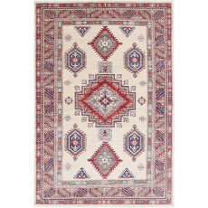 Hand Knotted Red, Ivory, Navy Blue Wool Area Rug | Turkish Geometric Design Rug
