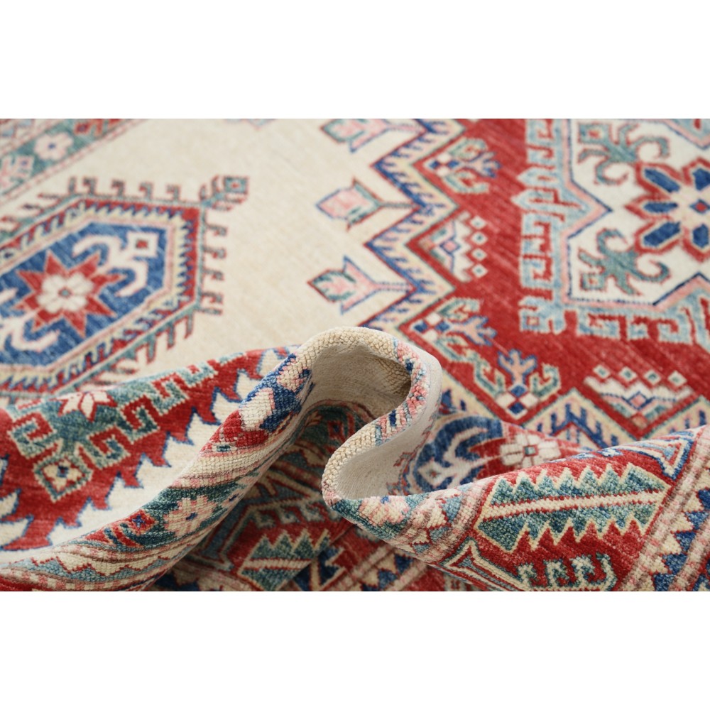 Hand Knotted Red, Ivory, Navy Blue Wool Area Rug | Turkish Geometric Design Rug Hand Knotted Red, Ivory, Navy Blue Wool Area Rug | Turkish Geometric Design Rug