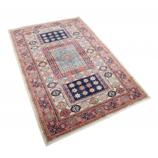 Hand Knotted Red, Navy Blue, Light Blue Wool Area Rug | Geometric Tribal Accent Rug