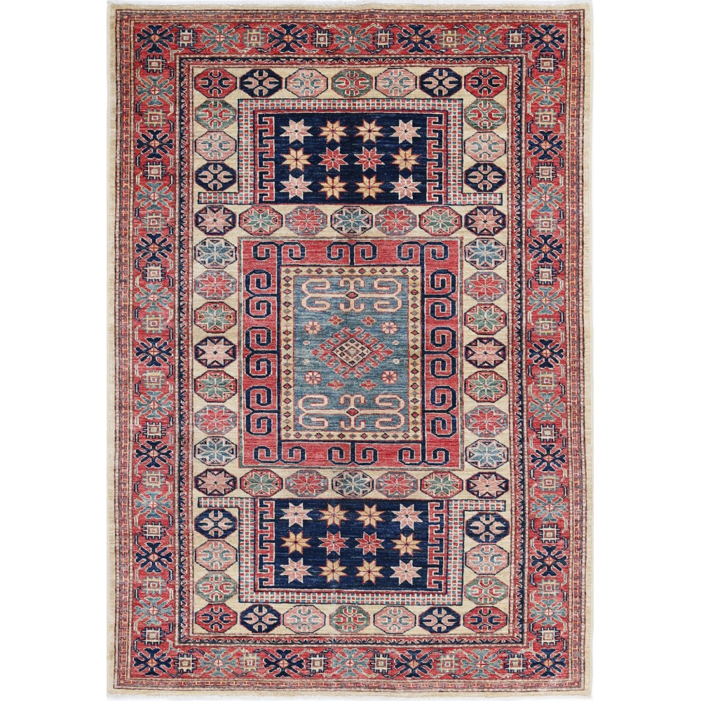 Hand Knotted Red, Navy Blue, Light Blue Wool Area Rug | Geometric Tribal Accent Rug Hand Knotted Red, Navy Blue, Light Blue Wool Area Rug | Geometric Tribal Accent Rug