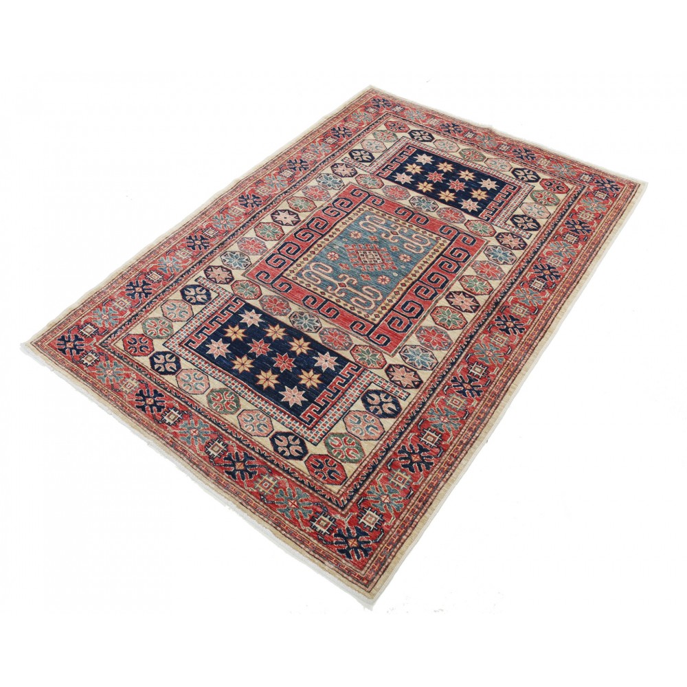 Hand Knotted Red, Navy Blue, Light Blue Wool Area Rug | Geometric Tribal Accent Rug Hand Knotted Red, Navy Blue, Light Blue Wool Area Rug | Geometric Tribal Accent Rug