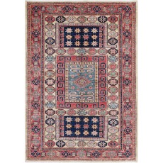 Hand Knotted Red, Navy Blue, Light Blue Wool Area Rug | Geometric Tribal Accent Rug