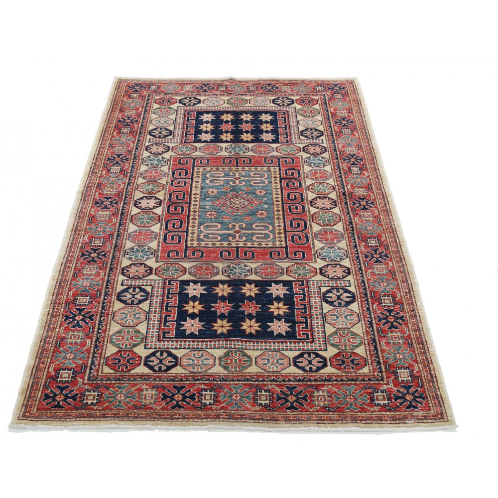 Hand Knotted Red, Navy Blue, Light Blue Wool Area Rug | Geometric Tribal Accent Rug Hand Knotted Red, Navy Blue, Light Blue Wool Area Rug | Geometric Tribal Accent Rug