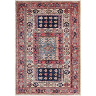 Hand Knotted Red, Navy Blue, Light Blue Wool Area Rug | Geometric Tribal Accent Rug