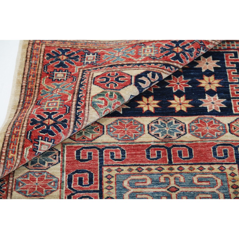 Hand Knotted Red, Navy Blue, Light Blue Wool Area Rug | Geometric Tribal Accent Rug Hand Knotted Red, Navy Blue, Light Blue Wool Area Rug | Geometric Tribal Accent Rug