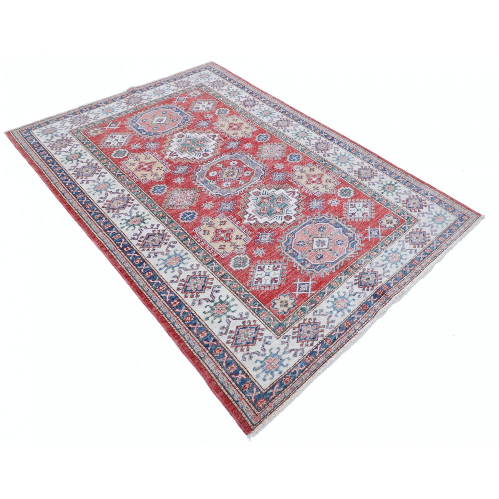 Hand Knotted Red, Light Blue, Ivory Wool Area Rug | Turkish Geometric Design Rug Hand Knotted Red, Light Blue, Ivory Wool Area Rug | Turkish Geometric Design Rug