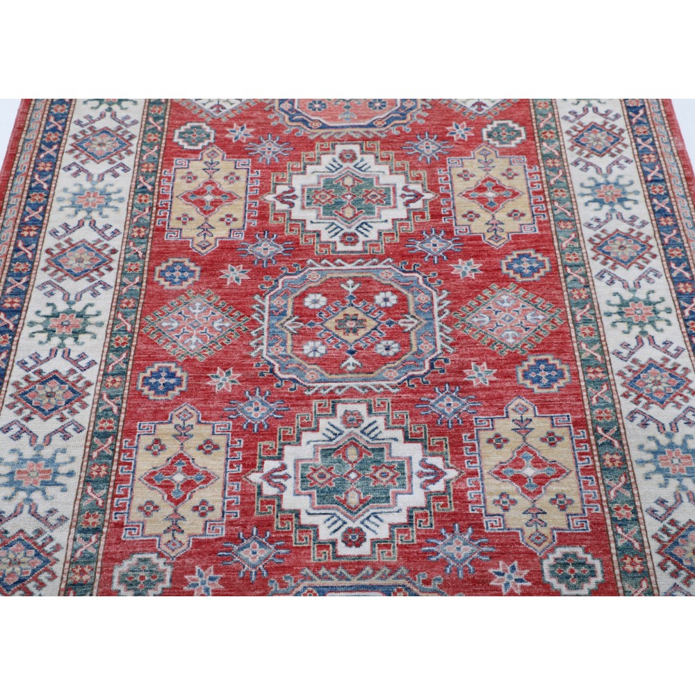 Hand Knotted Red, Light Blue, Ivory Wool Area Rug | Turkish Geometric Design Rug Hand Knotted Red, Light Blue, Ivory Wool Area Rug | Turkish Geometric Design Rug