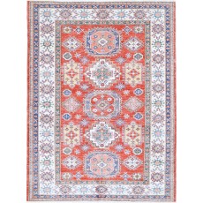 Hand Knotted Red, Light Blue, Ivory Wool Area Rug | Turkish Geometric Design Rug