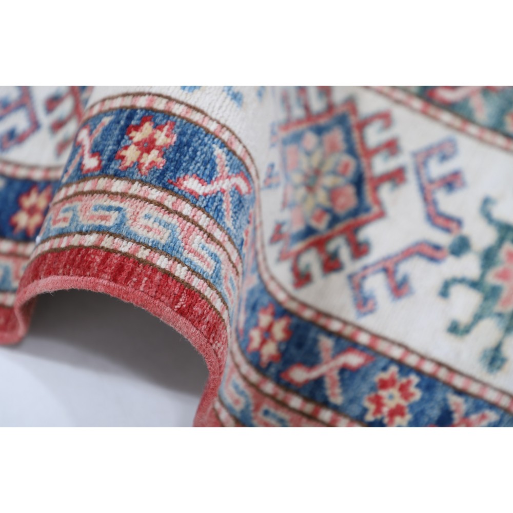 Hand Knotted Red, Light Blue, Ivory Wool Area Rug | Turkish Geometric Design Rug Hand Knotted Red, Light Blue, Ivory Wool Area Rug | Turkish Geometric Design Rug