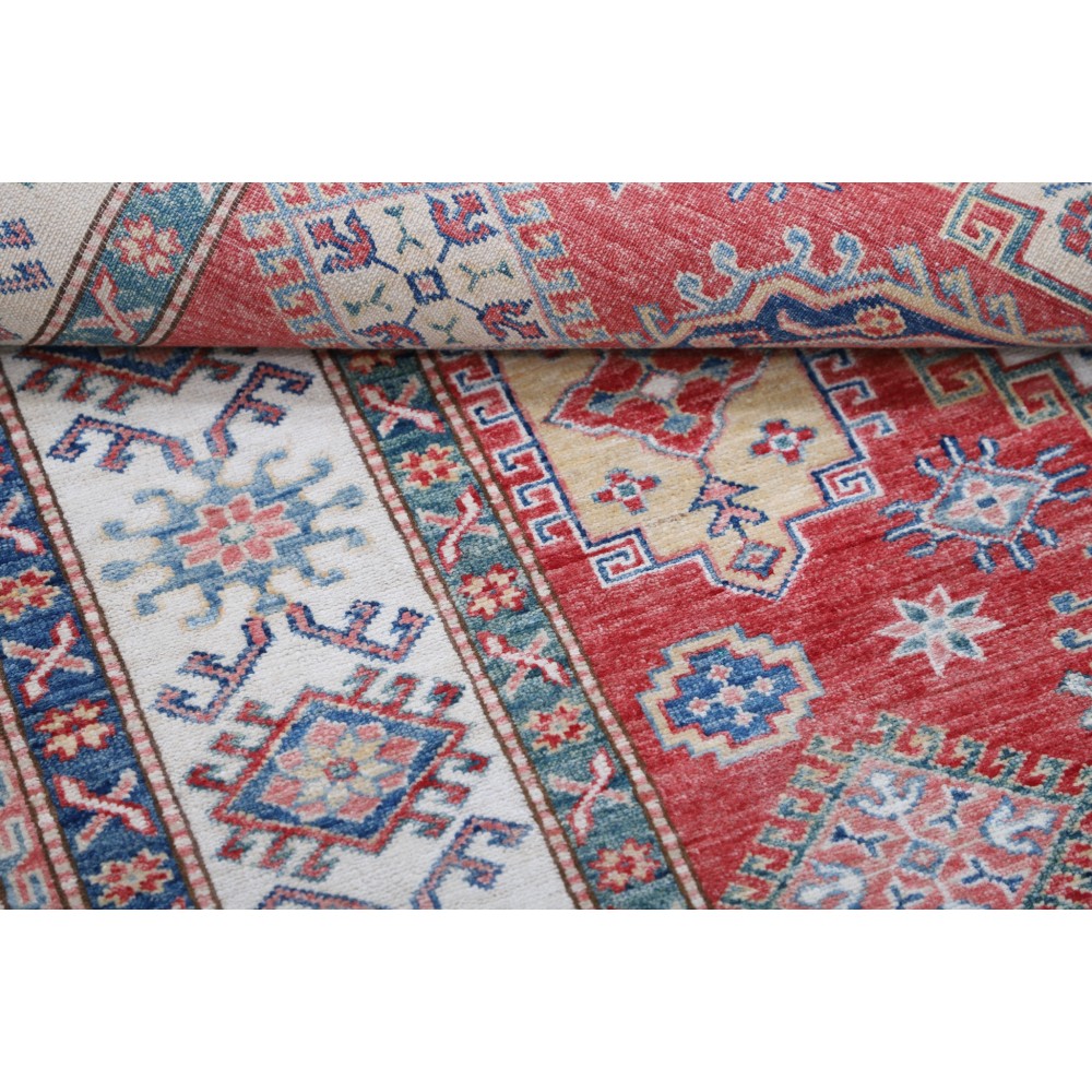 Hand Knotted Red, Light Blue, Ivory Wool Area Rug | Turkish Geometric Design Rug Hand Knotted Red, Light Blue, Ivory Wool Area Rug | Turkish Geometric Design Rug