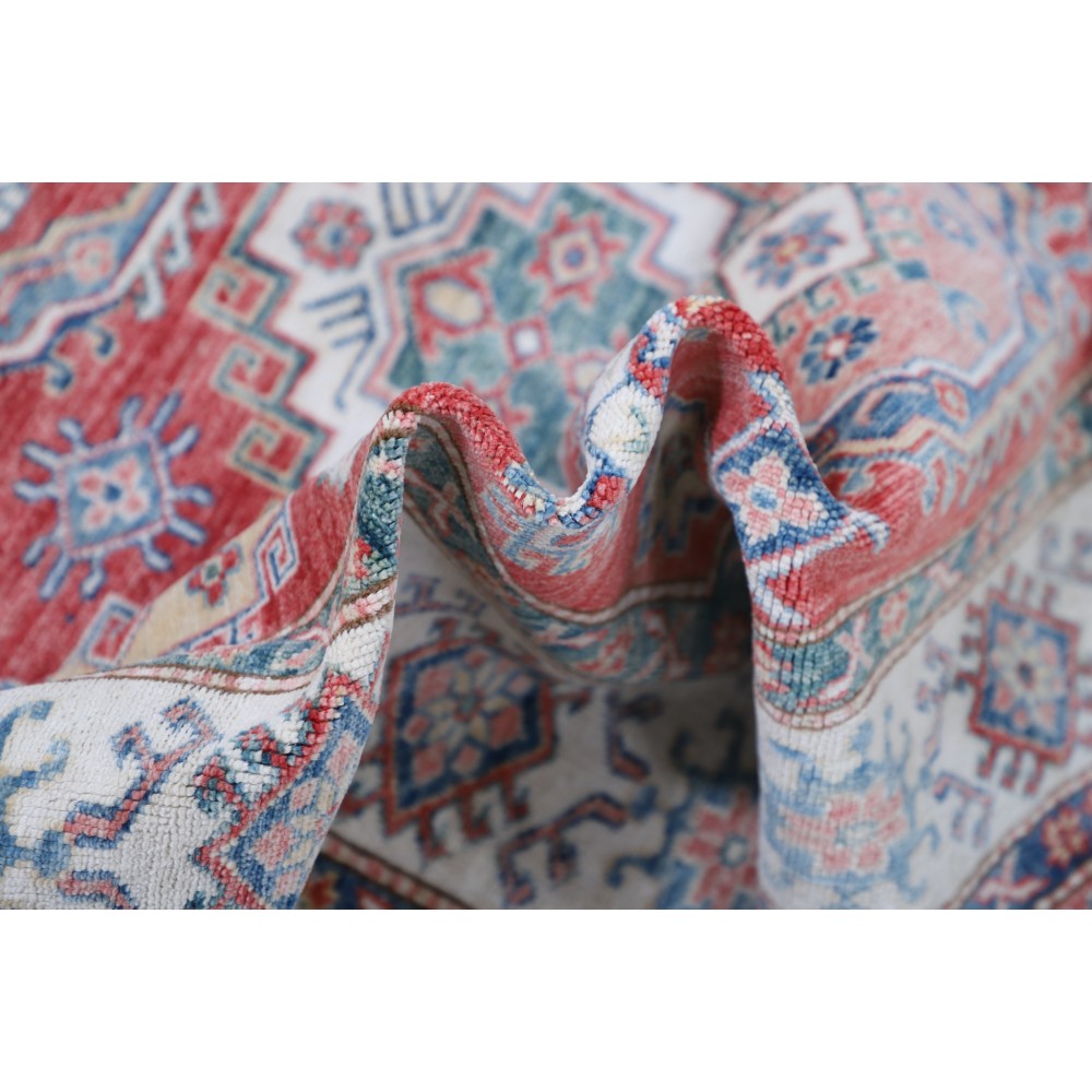 Hand Knotted Red, Light Blue, Ivory Wool Area Rug | Turkish Geometric Design Rug Hand Knotted Red, Light Blue, Ivory Wool Area Rug | Turkish Geometric Design Rug