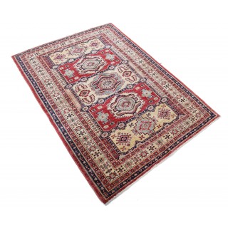 Hand Knotted Red, Navy Blue, Ivory Wool Area Rug | Geometric Medallion Accent Rug