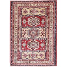 Hand Knotted Red, Navy Blue, Ivory Wool Area Rug | Geometric Medallion Accent Rug