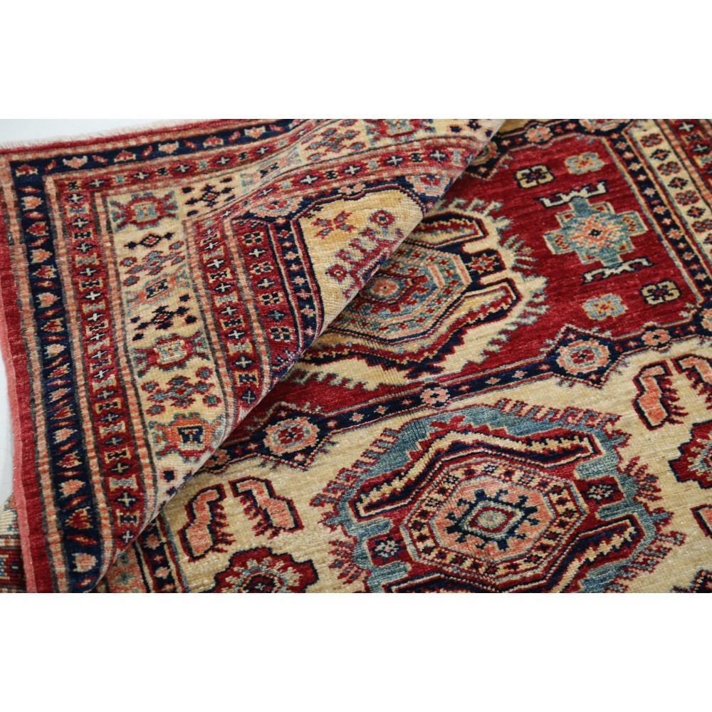 Hand Knotted Red, Navy Blue, Ivory Wool Area Rug | Geometric Medallion Accent Rug Hand Knotted Red, Navy Blue, Ivory Wool Area Rug | Geometric Medallion Accent Rug