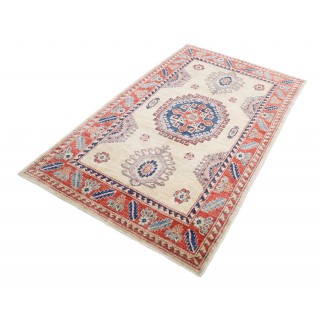 Hand Knotted Ivory, Red, Navy Blue and Light Blue Wool Area Rug | Geometric Medallion Turkish Accent Rug