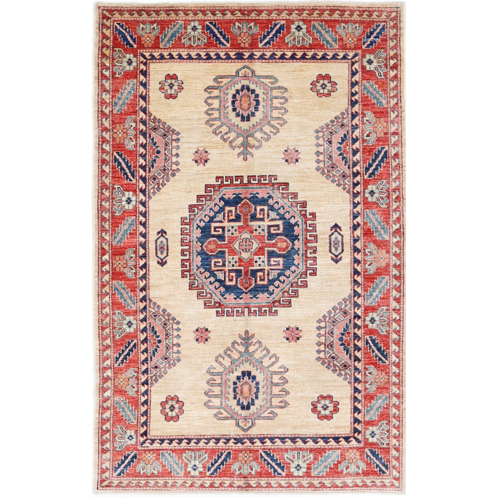 Hand Knotted Ivory, Red, Navy Blue and Light Blue Wool Area Rug | Geometric Medallion Turkish Accent Rug