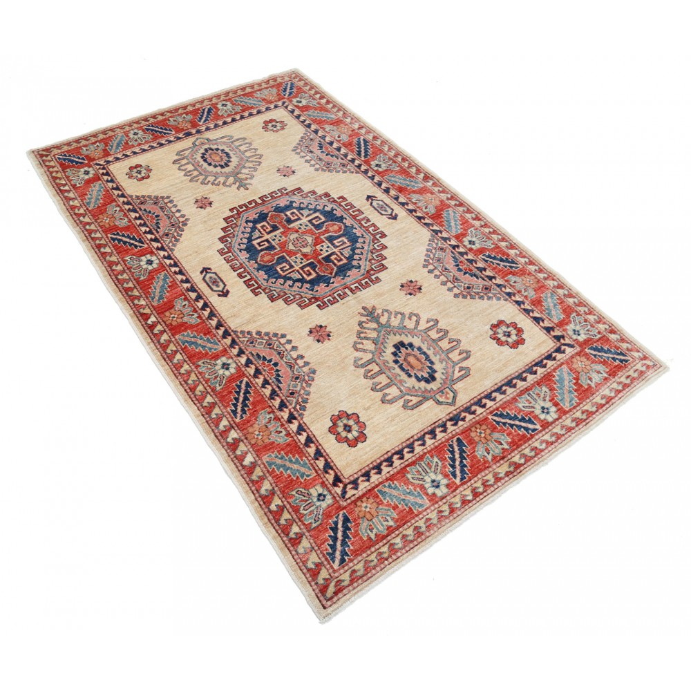 Hand Knotted Ivory, Red, Navy Blue and Light Blue Wool Area Rug | Geometric Medallion Turkish Accent Rug