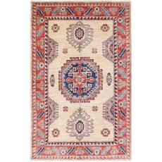 Hand Knotted Ivory, Red, Navy Blue and Light Blue Wool Area Rug | Geometric Medallion Turkish Accent Rug