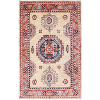 Hand Knotted Ivory, Red, Navy Blue and Light Blue Wool Area Rug | Geometric Medallion Turkish Accent Rug