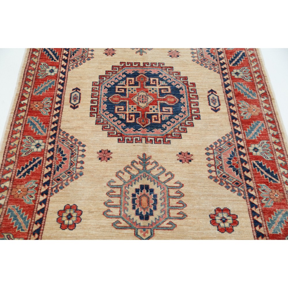 Hand Knotted Ivory, Red, Navy Blue and Light Blue Wool Area Rug | Geometric Medallion Turkish Accent Rug