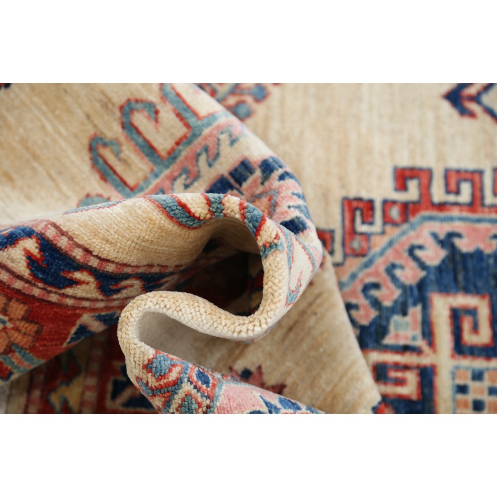 Hand Knotted Ivory, Red, Navy Blue and Light Blue Wool Area Rug | Geometric Medallion Turkish Accent Rug