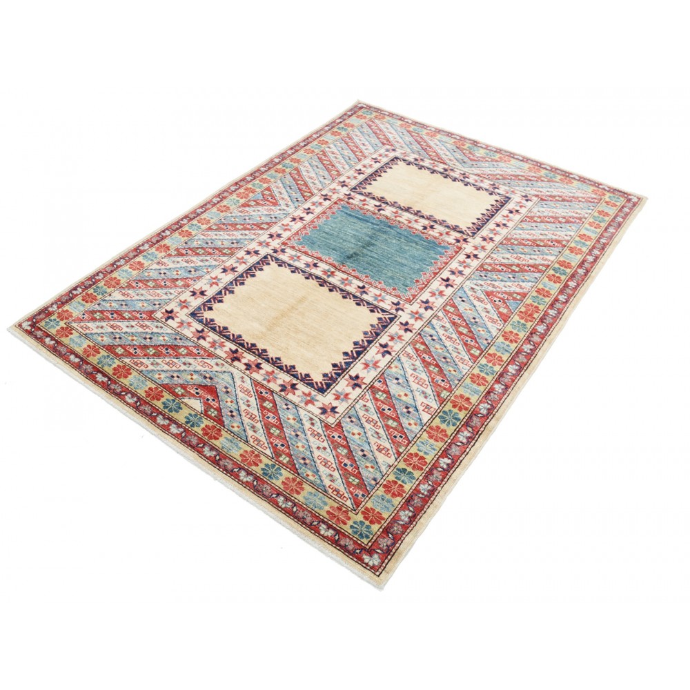 Hand Knotted Red, Light Blue, Ivory Wool Area Rug | Turkish Geometric Design Rug Hand Knotted Red, Light Blue, Ivory Wool Area Rug | Turkish Geometric Design Rug