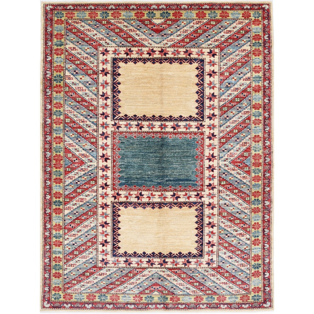 Hand Knotted Red, Light Blue, Ivory Wool Area Rug | Turkish Geometric Design Rug Hand Knotted Red, Light Blue, Ivory Wool Area Rug | Turkish Geometric Design Rug