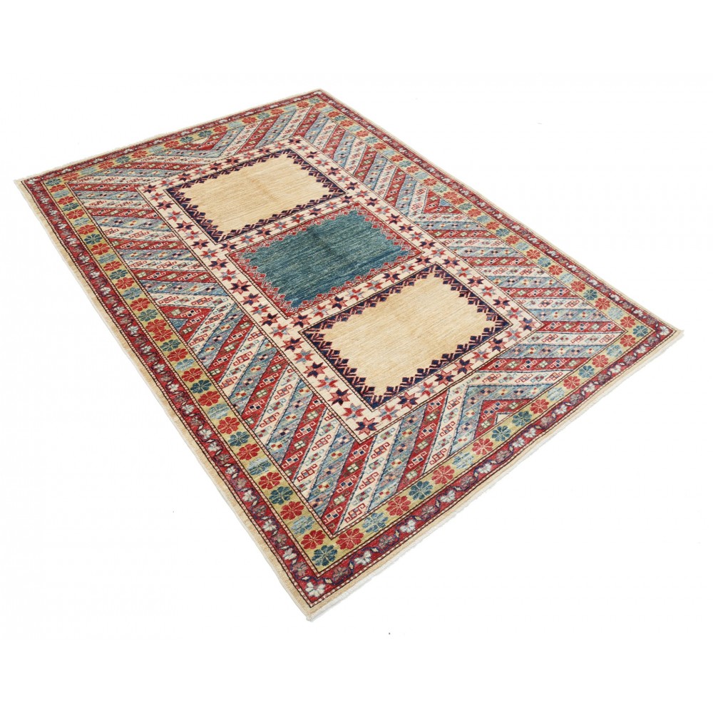 Hand Knotted Red, Light Blue, Ivory Wool Area Rug | Turkish Geometric Design Rug Hand Knotted Red, Light Blue, Ivory Wool Area Rug | Turkish Geometric Design Rug