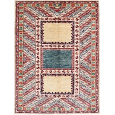 Hand Knotted Red, Light Blue, Ivory Wool Area Rug | Turkish Geometric Design Rug