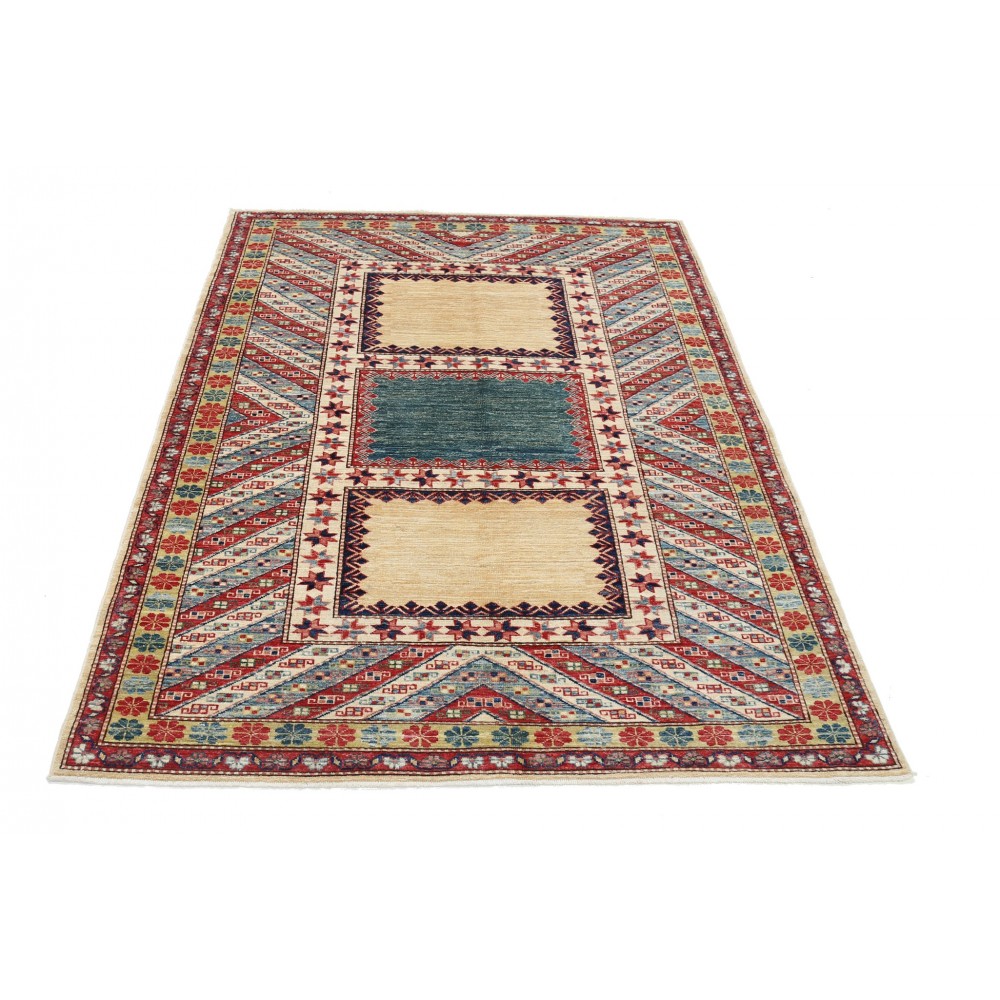 Hand Knotted Red, Light Blue, Ivory Wool Area Rug | Turkish Geometric Design Rug Hand Knotted Red, Light Blue, Ivory Wool Area Rug | Turkish Geometric Design Rug