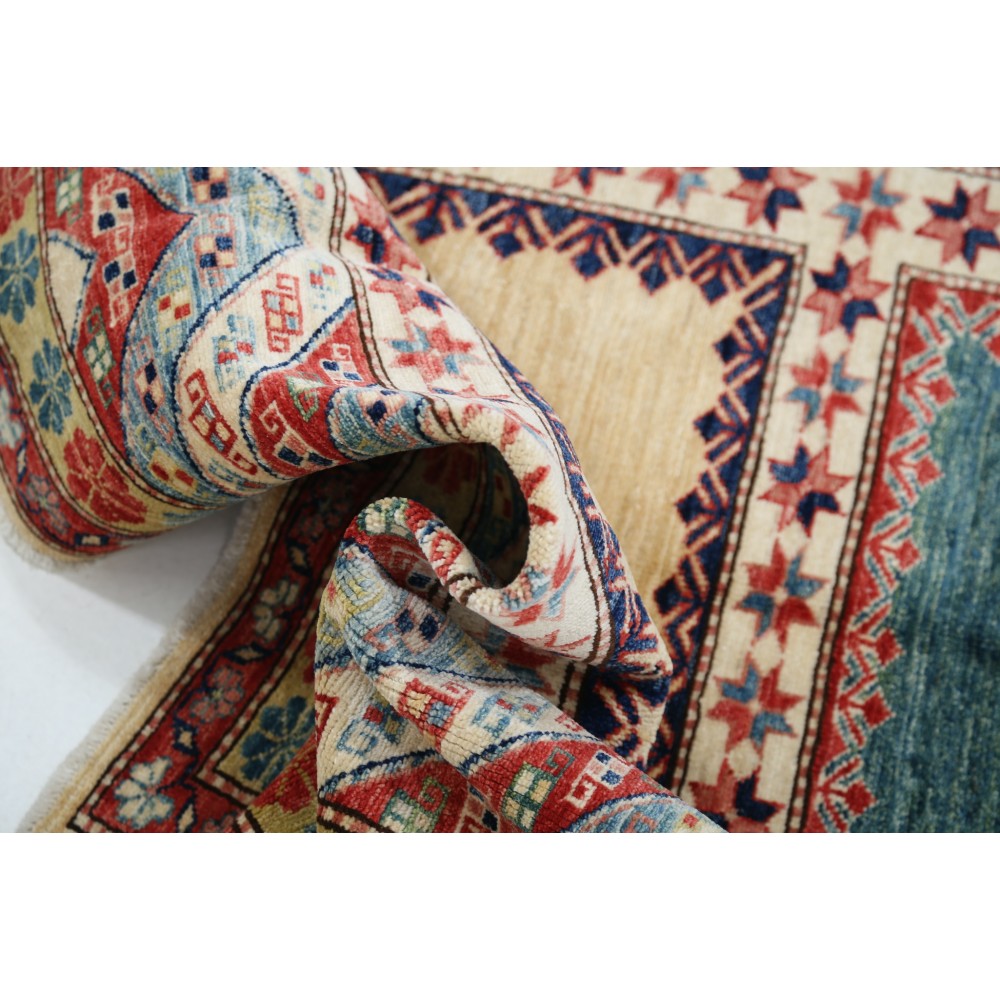 Hand Knotted Red, Light Blue, Ivory Wool Area Rug | Turkish Geometric Design Rug Hand Knotted Red, Light Blue, Ivory Wool Area Rug | Turkish Geometric Design Rug