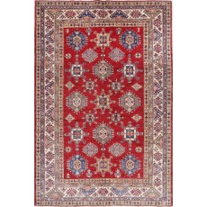 Hand Knotted Red, Ivory, Navy Blue and Sage Wool Area Rug | Turkish Geometric Design Carpet