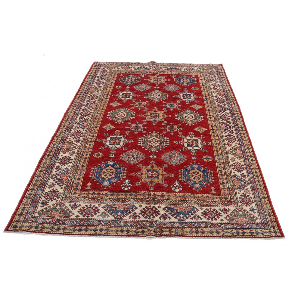 Hand Knotted Red, Ivory, Navy Blue and Sage Wool Area Rug | Turkish Geometric Design Carpet Hand Knotted Red, Ivory, Navy Blue and Sage Wool Area Rug | Turkish Geometric Design Carpet