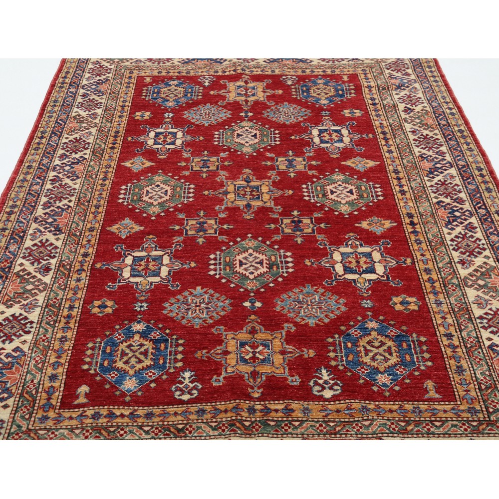 Hand Knotted Red, Ivory, Navy Blue and Sage Wool Area Rug | Turkish Geometric Design Carpet Hand Knotted Red, Ivory, Navy Blue and Sage Wool Area Rug | Turkish Geometric Design Carpet