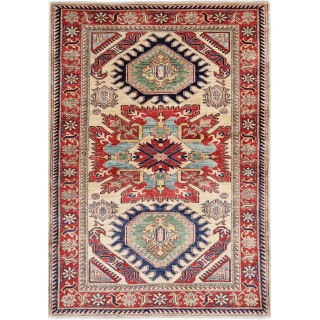 Hand Knotted Beige, Red and Light Blue Wool Area Rug Tribal Medallion Accent Rug