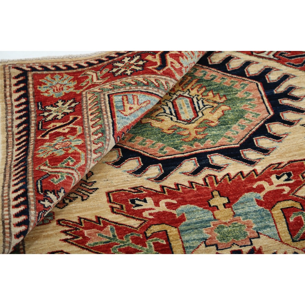 Hand Knotted Beige, Red and Light Blue Wool Area Rug Tribal Medallion Accent Rug Hand Knotted Beige, Red and Light Blue Wool Area Rug Tribal Medallion Accent Rug