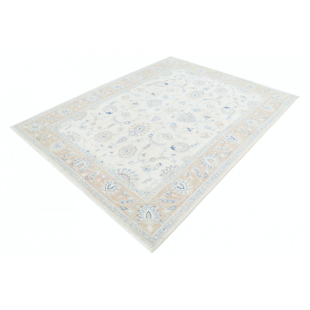 Hand Knotted Turkish Wool Rug with All-Over Floral Design | Beige Oushak Carpet Hand Knotted Turkish Wool Rug with All-Over Floral Design | Beige Oushak Carpet