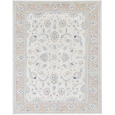 Hand Knotted Turkish Wool Rug with All-Over Floral Design | Beige Oushak Carpet