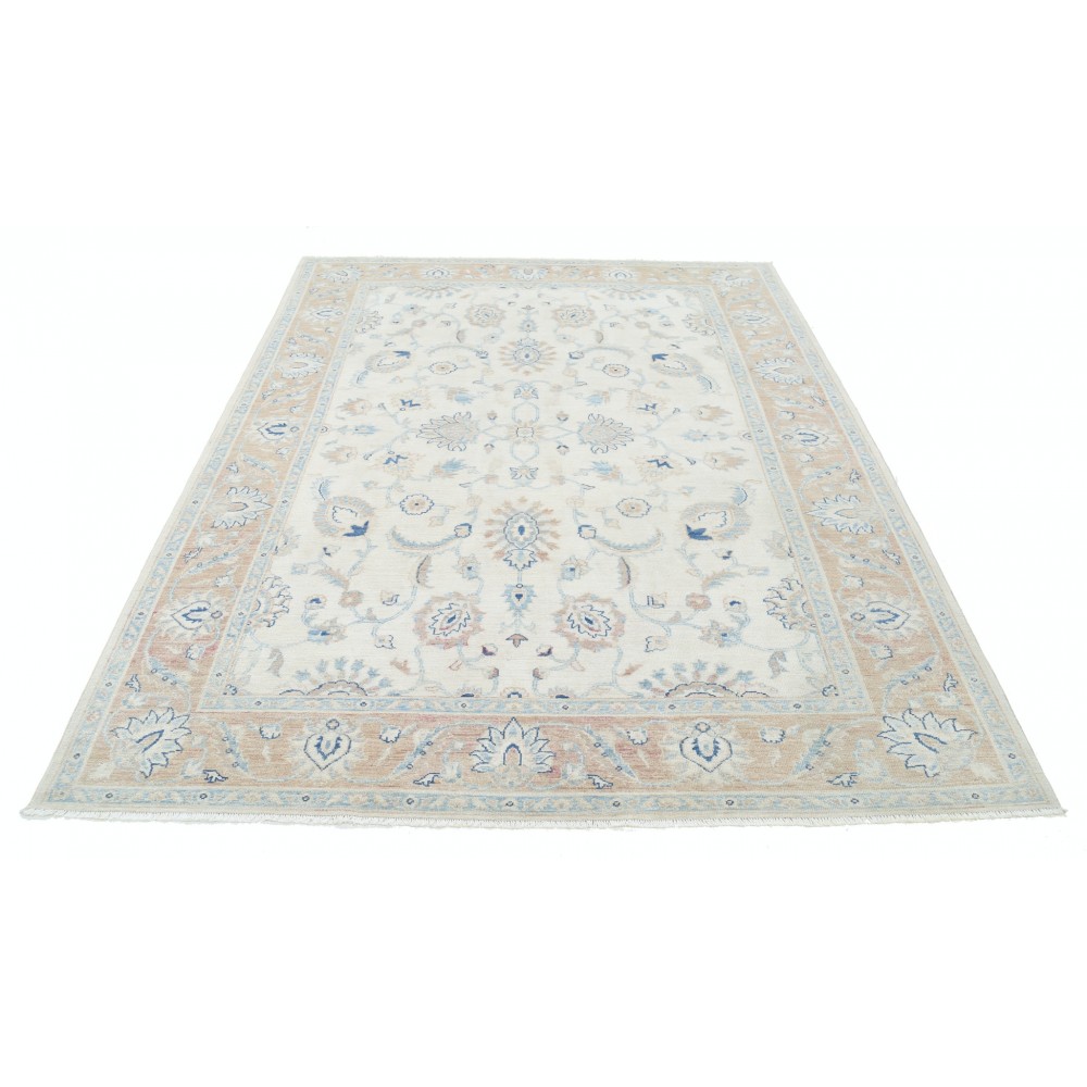 Hand Knotted Turkish Wool Rug with All-Over Floral Design | Beige Oushak Carpet Hand Knotted Turkish Wool Rug with All-Over Floral Design | Beige Oushak Carpet
