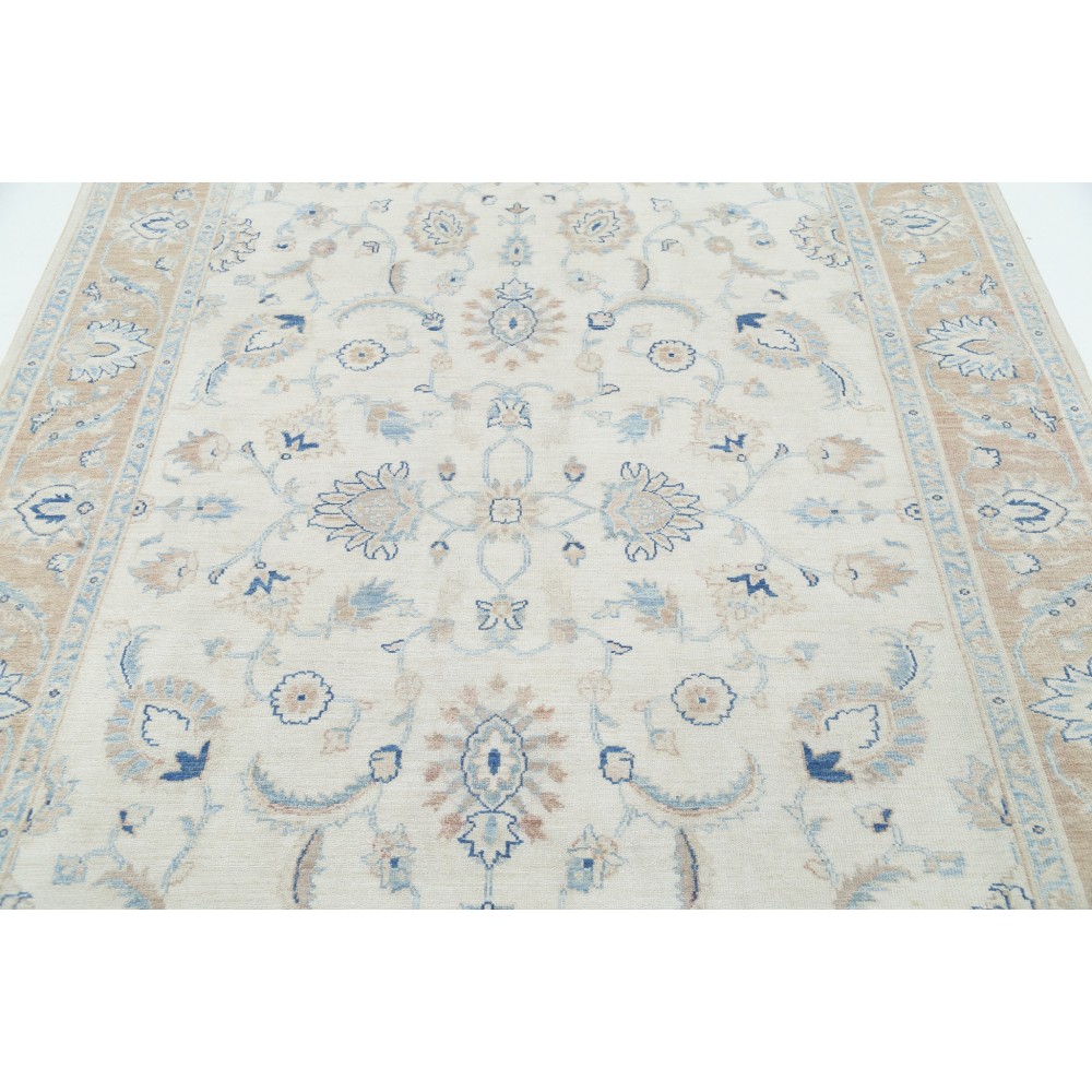 Hand Knotted Turkish Wool Rug with All-Over Floral Design | Beige Oushak Carpet Hand Knotted Turkish Wool Rug with All-Over Floral Design | Beige Oushak Carpet