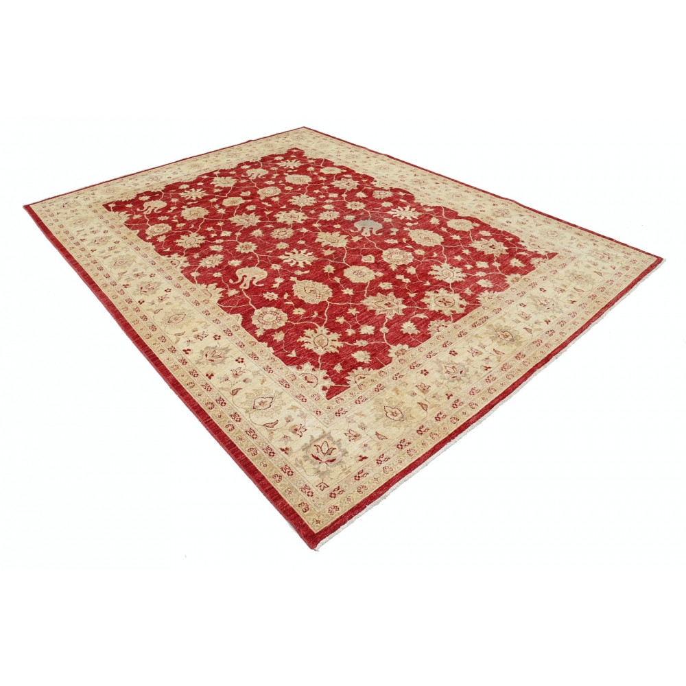 Hand Knotted Floral Turkish Area Rug with Red Field and Ivory Border | Wool Carpet for Home Decor